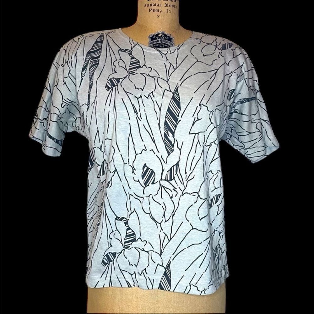 Vintage Grey and Black floral Beldoch Popper padded shoulder boxy crop T-shirt